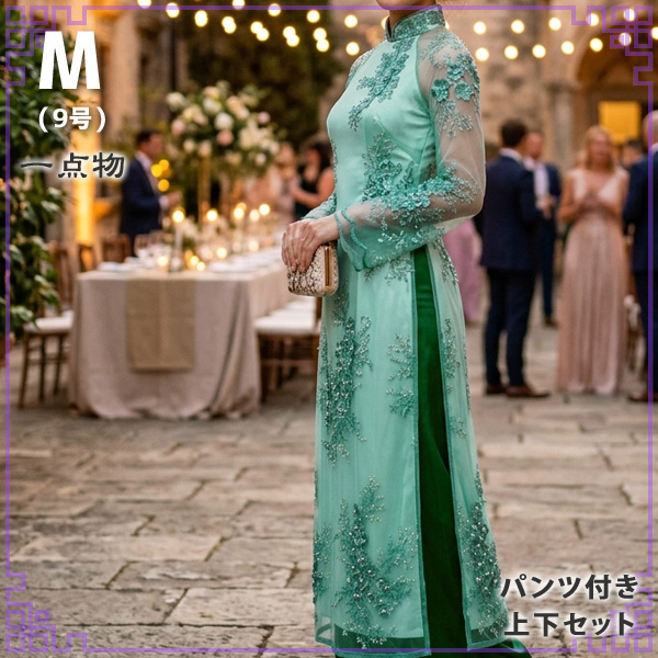 上品な華やかさ!花モチーフ付レースアオザイ※パンツ付き上下セット